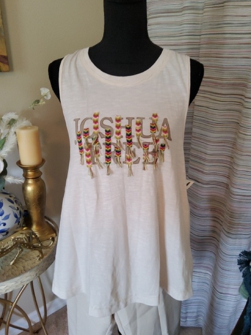 Anthropologie White Sleeveless Tank with Colorful Tassel Embroidery